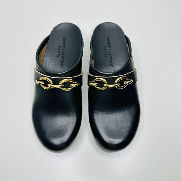 NIB Saint Laurent YSL Le Maillon EU 37 US 7 Chain Clogs Black Leather Shoes $945 - Picture 10 of 15